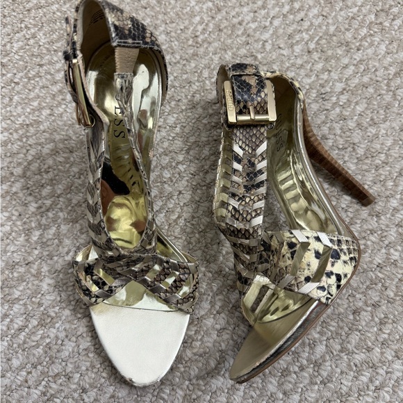 Guess Shoes - Guess Cream/Snakeskin Buckled Sandals heels strappy gold size 10
